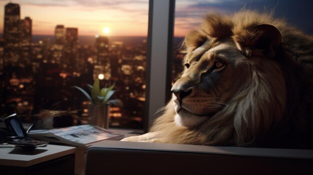Photo le lion contemplatif surplombant le paysage urbain au coucher du soleil depuis highrise