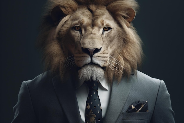 Un lion en costume avec une chemise qui dit 'lion'