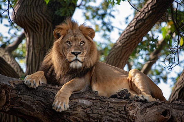 Le lion couché sur une branche d'arbre