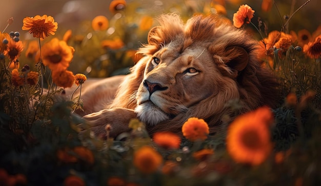 un lion couché dans un champ de fleurs oranges