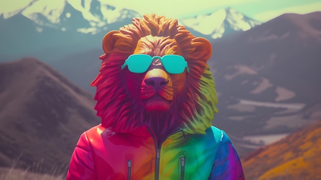 Un lion de couleur arc-en-ciel portant des lunettes de soleil se tient devant une chaîne de montagnes.