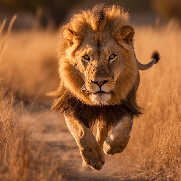 Lion courant dans la savane