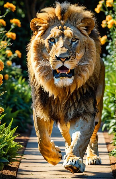 Photo lion courant sur la piste de fond nature désertique faune et neige