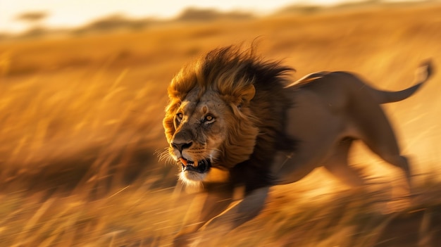 un lion courant rapidement à travers la prairie de la savane lion vu dans un mouvement rapide et puissant