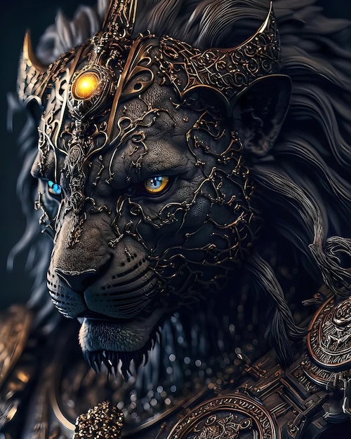 Un lion avec une couronne dorée et des yeux bleus