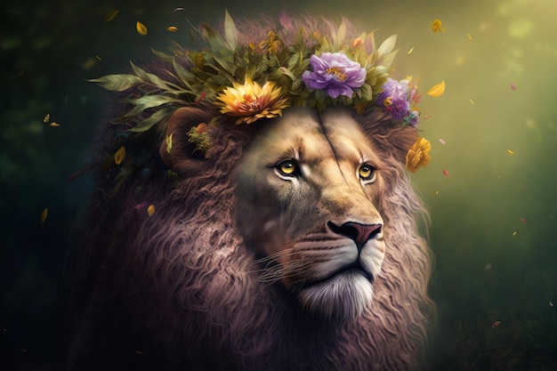 Lion avec une couronne de fleurs sur la tête AI générative