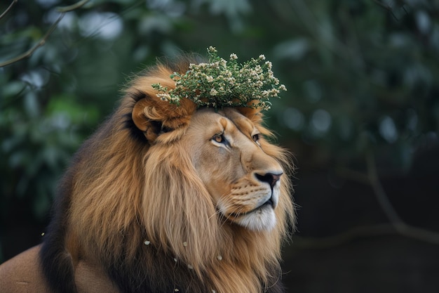 Un lion avec une couronne de jasmin qui regarde son domaine.