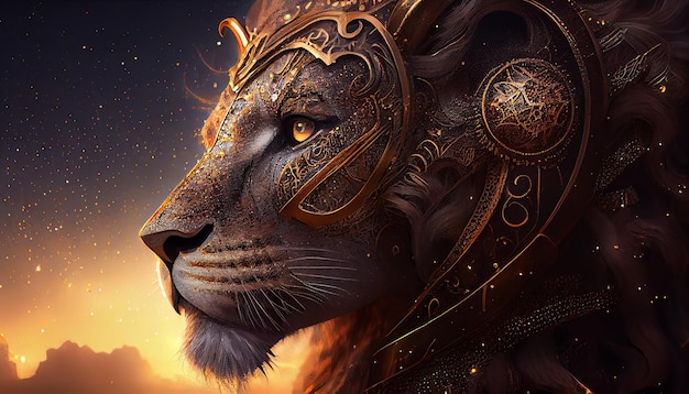 Un lion avec une couronne d'or et une couronne d'or