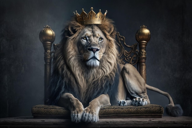 Un lion avec une couronne sur la tête est assis sur un trône.