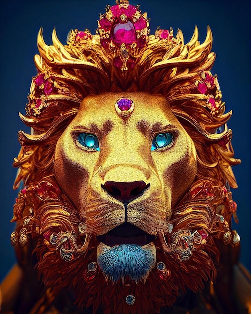 Un lion avec une couronne et des yeux bleus est représenté.