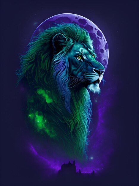 Un lion avec une crinière bleue et la lune en arrière-plan Générer AI