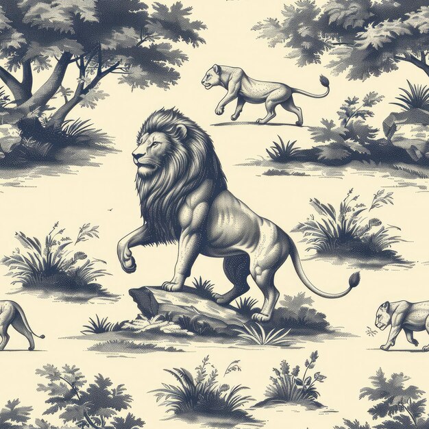 un lion avec une crinière de cheveux se tient sur un rocher dans la jungle