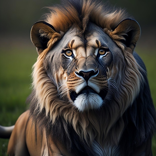 Un lion avec une crinière et une crinière de lion est couché dans l'herbe.