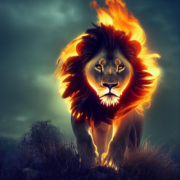 Lion avec crinière faite d'illustration créative de feu