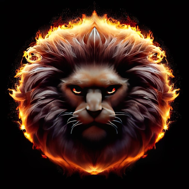 Un lion avec une crinière de feu et un visage en flammes