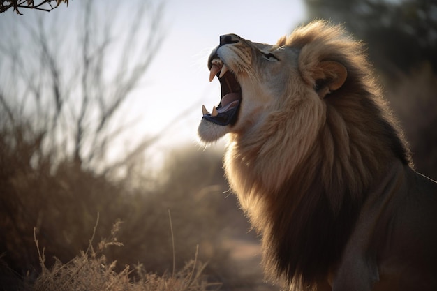 Un lion à la crinière noire se dresse dans l'herbe et lève les yeux vers le ciel.