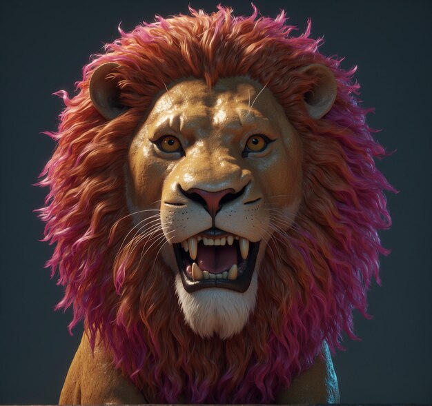 un lion avec une crinière rose et une moustache blanche