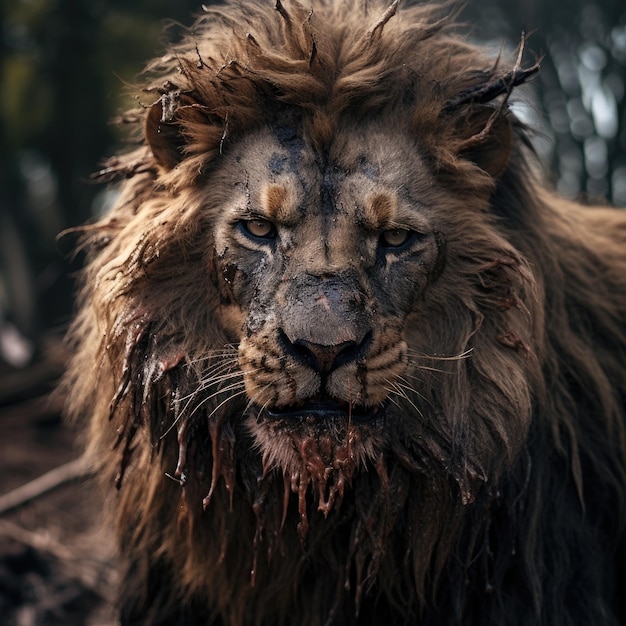 un lion avec une crinière sale