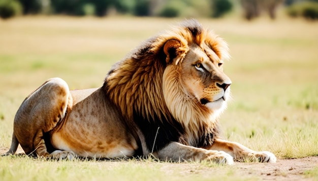 un lion avec une crinière sur la tête allongé sur le sol