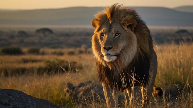 un lion avec une crinière sur la tête se tient dans l'herbe