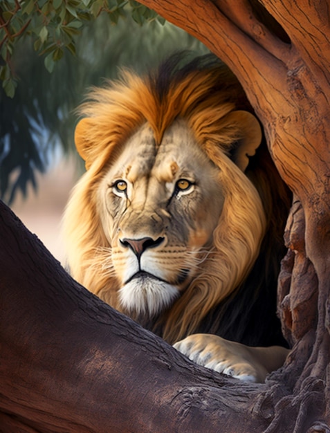 Un lion dans un arbre avec un oeil bleu