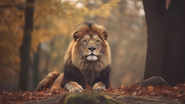 Un lion dans les bois avec des feuilles d'automne