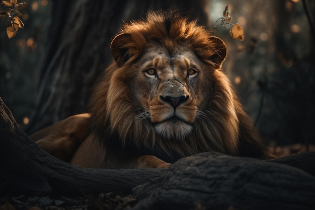 Un lion dans les bois avec un papillon sur le dos