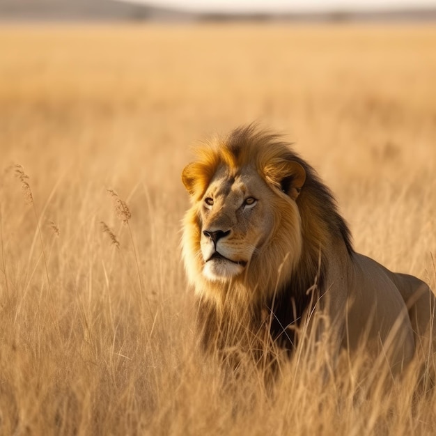 Un lion dans un champ d'herbes hautes