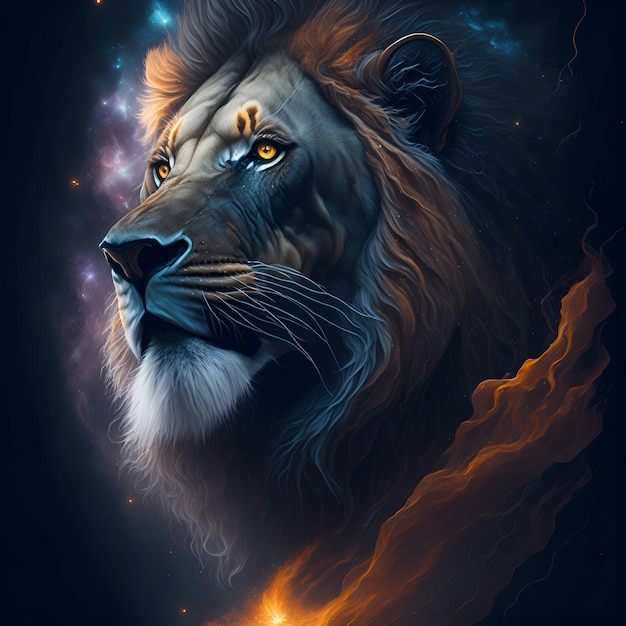 Lion dans l'espace nébuleuse eau encre encre eau encre fond spatial cosmique