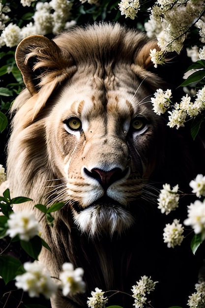 Un lion dans les fleurs