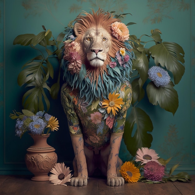 le lion dans la flore florale fleurissant des vêtements de fleurs