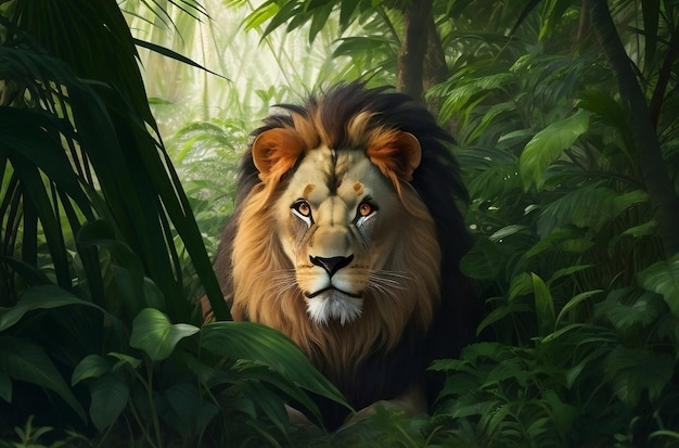 Un lion dans le fond sombre de la jungle