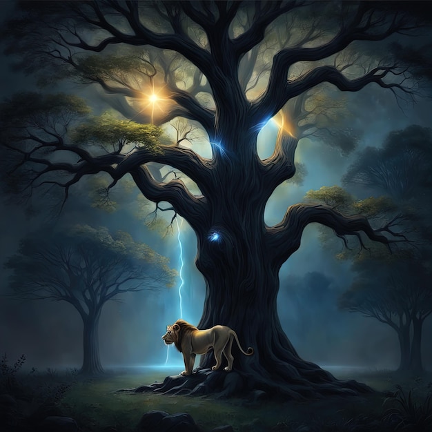 un lion dans la forêtillustration d'un chien sur un arbre dans la forêt sombre