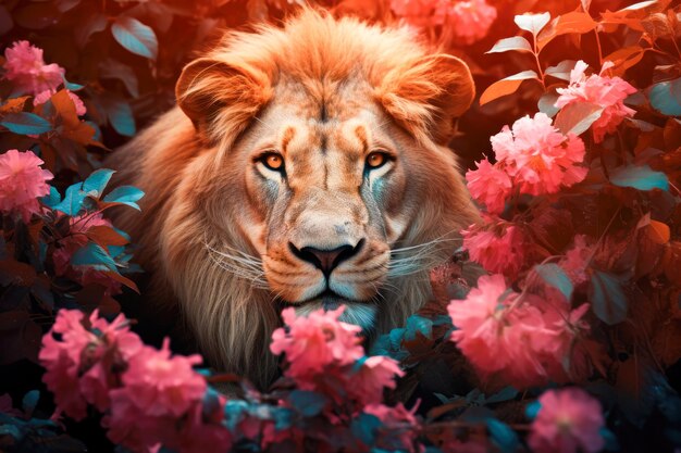 Lion dans le jardin avec des fleurs beau portrait d'un lion