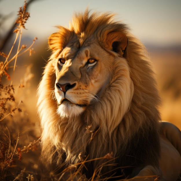 un lion dans la nature avec le soleil derrière lui