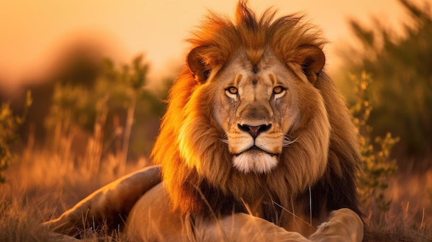 Lion dans les prairies de la jungle fourrure dorée éclairée par le coucher du soleil photographie