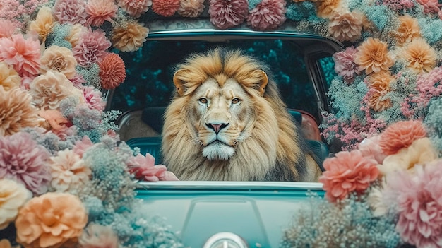 Un lion dans une voiture avec des fleurs à l'arrière