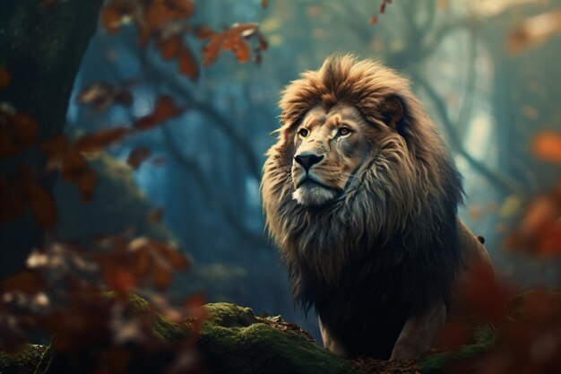 un lion debout au milieu d'une forêt