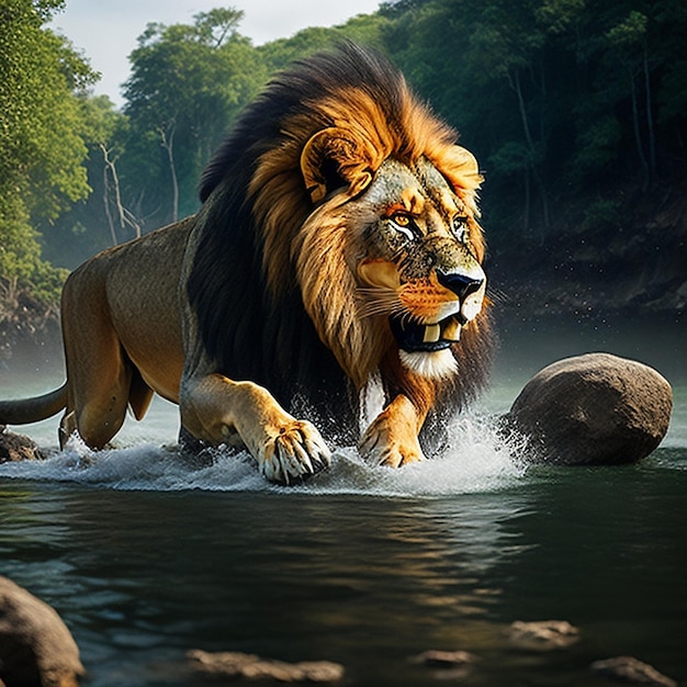 Un lion descend dans la rivière et mange du poisson. Art généré par l'IA.