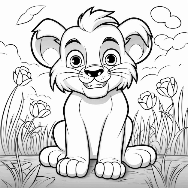 un lion de dessin animé assis dans l'herbe avec des fleurs et de l'herbe ai générative