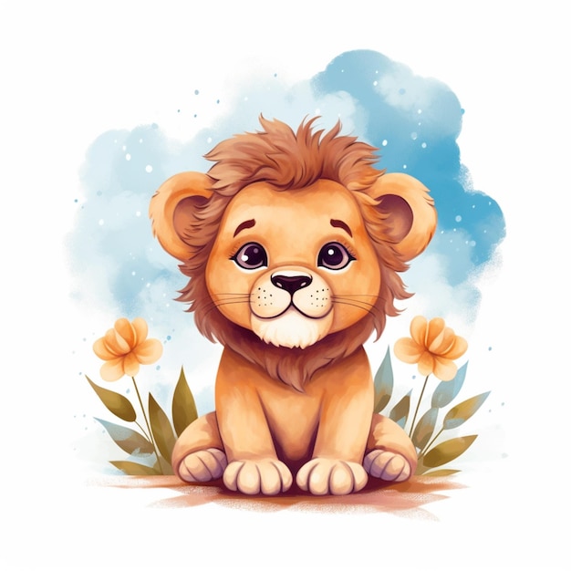 Lion de dessin animé assis sur le sol avec des fleurs et de l'herbe générative ai