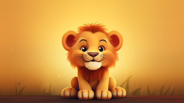 Un lion de dessin animé assis sur une surface en bois