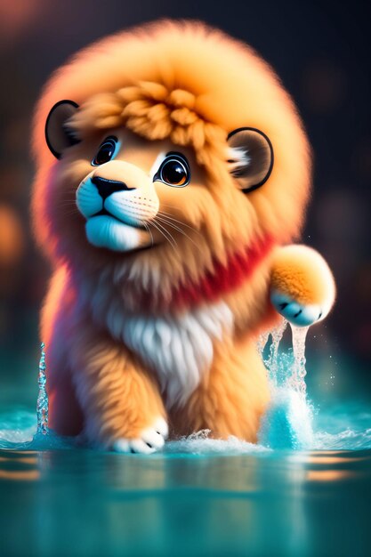 Un lion de dessin animé avec un collier rouge et un collier rouge marche dans l'eau.