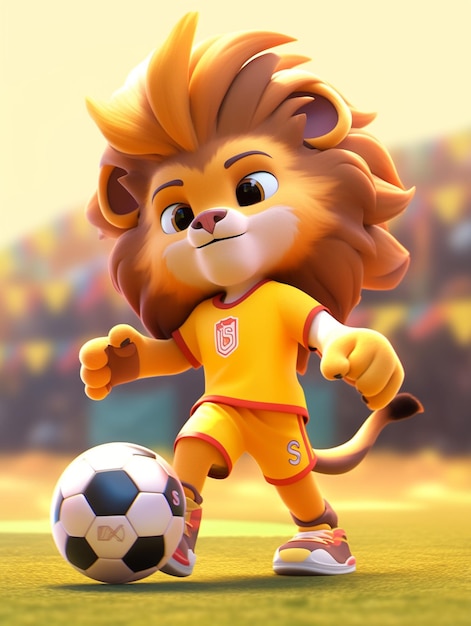 Photo un lion de dessin animé qui frappe un ballon de football sur un terrain avec une foule en arrière-plan