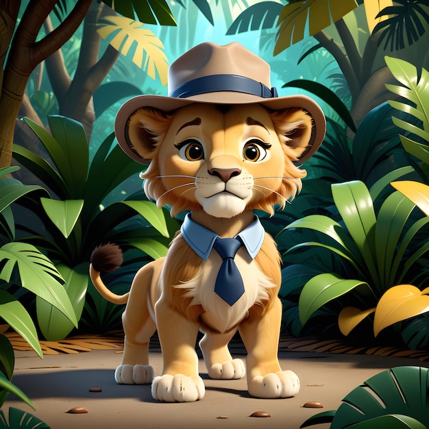 lion détective avec chapeau dans la jungle illustration pour enfants et adultes