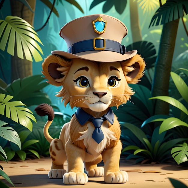 le lion détective avec le chapeau de police dans la jungle illustration 3D