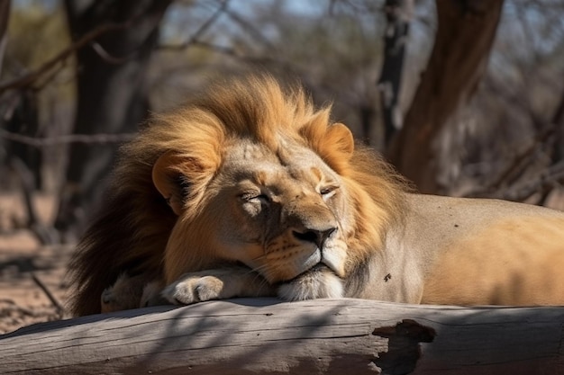 Un lion dort sur un rondin dans la nature.