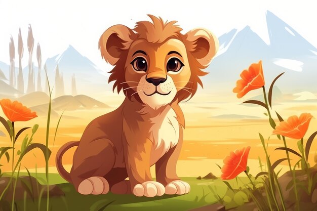 Lion drôle dans la nature sauvage Illustration d'animal de dessin animé dessiné ai génératif
