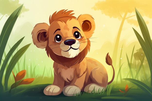 Lion drôle dans la nature sauvage Illustration d'animal de dessin animé dessiné ai génératif