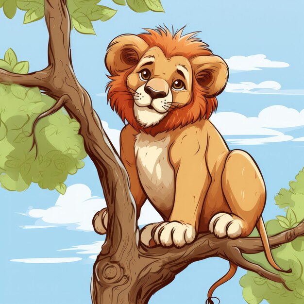 Lion drôle dans la nature sauvage Illustration d'animal de dessin animé dessiné ai génératif